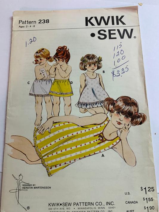 KWIK Sewing Pattern 238 Girls' Slips, 5 Variations, Two Lengths, Sleevesleeve, Elastic Waist, Size 2-6, Uncut, Vintage 1993