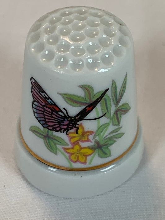 Thimble Souvenir, Gift, Multi Colored Butterfly, Yellow Flowers, Porcelain, Sewing, Gold Trim