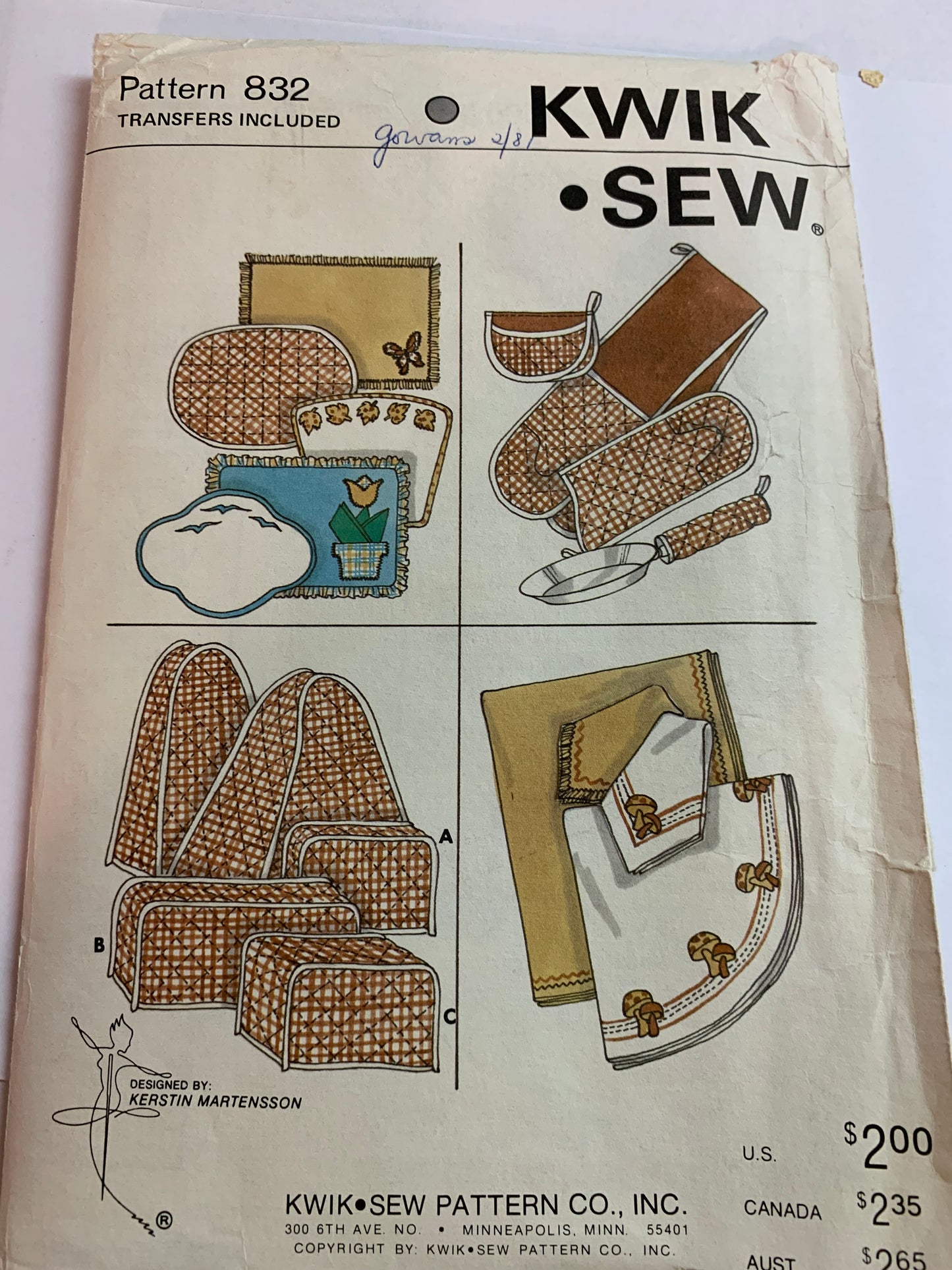 Kwik Sewing Pattern 832 Crafts, Pot Holder, Placemats, Toaster Cover, Tablecoth, Napkin, Mixer, Blender, Uncut, Vintage 1986