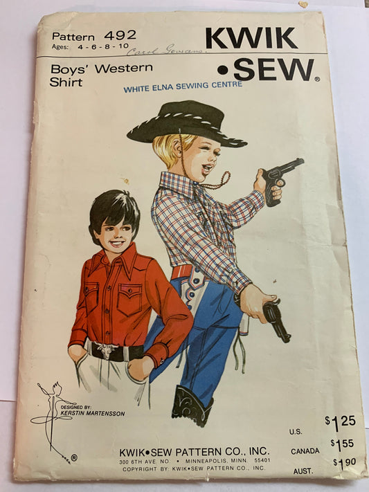 KWIK Sewing Pattern 492 Boy's Western Shirt, Long Sleeves, Collar, Cuffs, Pockets, Button/Snap Front, Uncut, Size 4-10, Vintage 1980
