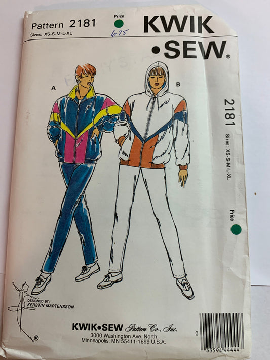 KWIK Sewing Pattern 2181 Misses' Pants, Hooded Jacket, Wind Suit, Pockets, Elastic Waist, Jogging Suit, Zipper Front, Size 31-45, Uncut Vintage 1992