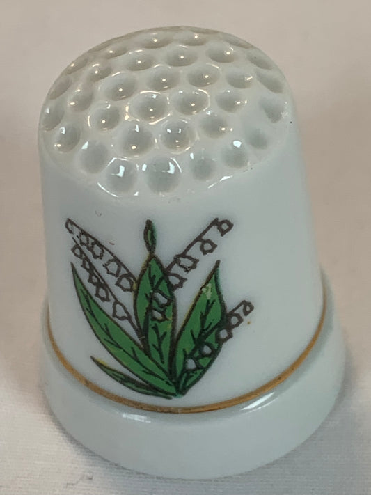 Thimble Souvenir, Gift, White Bluebell Flowers, Porcelain, Sewing, Gold Trim