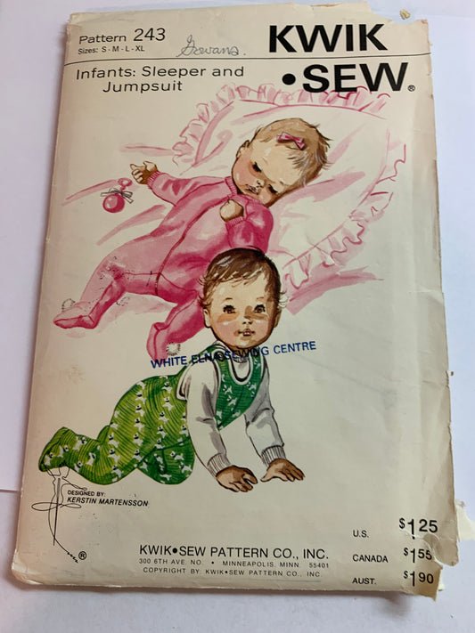 KWIK Sewing Pattern 243 Baby/Infants Sleeper, Jumpsuit, Zipper Front, One Piece, Long Sleeves, Size 0-18 Months, Cut, Vintage 1999