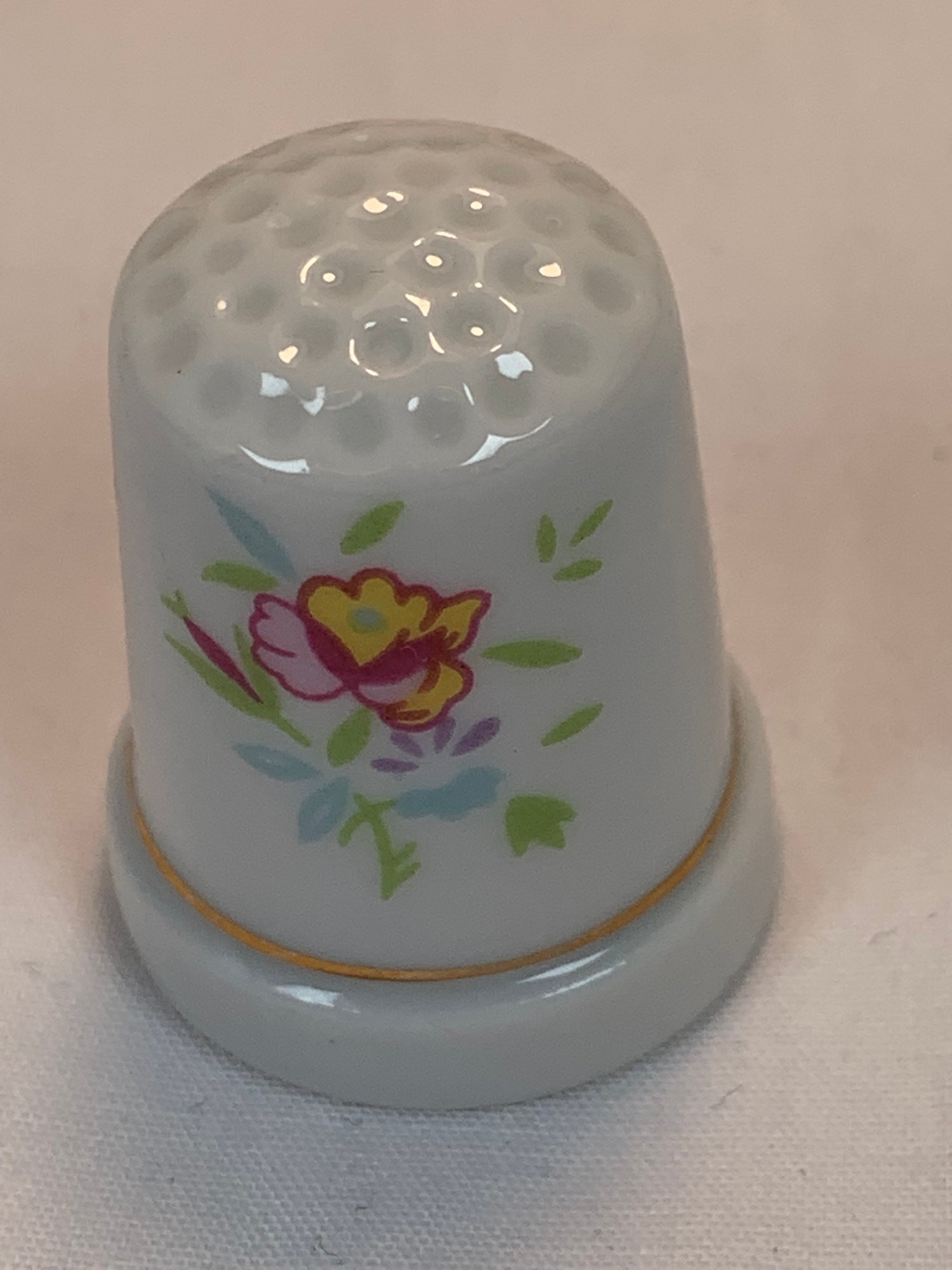 Thimble Souvenir, Gift, Yellow, Pink Flowers, Porcelain, Sewing, Gold Trim