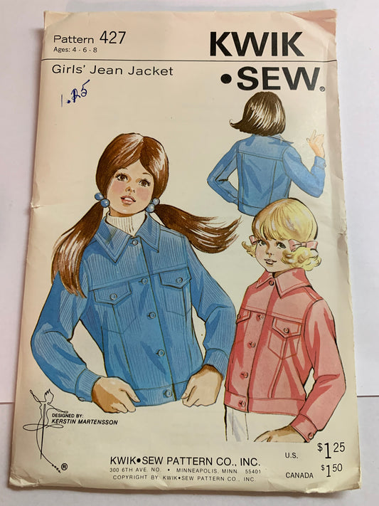 KWIK Sewing Pattern 427 Girls Jean Jacket, Snap/Button Closure, Long Sleeves, Cuffs, Uncut, Size 4-8, Vintage 1980