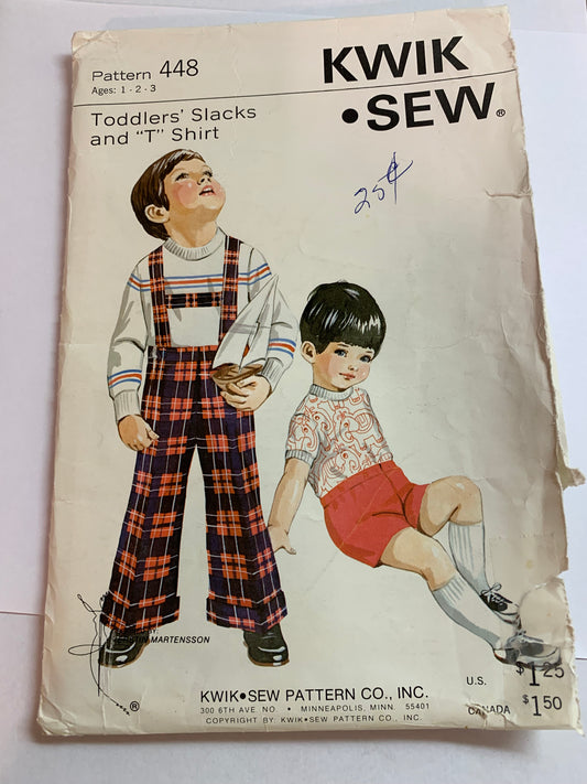 KWIK Sewing Pattern 448 Toddlers' T-Shirt, Pants, Shorts, Elastic Waist, Long/Short Sleeves, Pullover, Criss-Cross Straps, Pull-On, Uncut, Size 1-3, Uncut, Vintage 1980