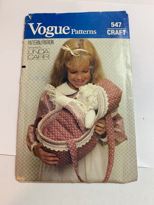 Vogue Sewing Pattern 547 Crafts, 12 Inch Doll Carrier, Coverlet, Toys, Doll Accessories, Uncut, Vintage 1986