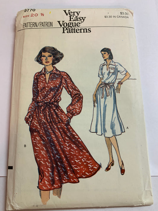 Vogue Sewing Pattern 9770 Misses' Dress, Tie Belt, Long/Short Sleeves, Pockets, Flared Skirt, Half Size 20 1/2, Uncut, Vintage 1999