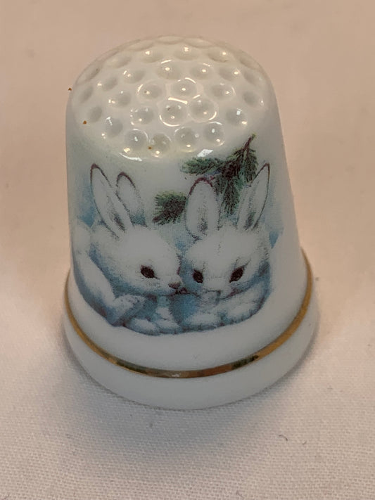 Thimble Souvenir, Gift, White Bunny Rabbits, Porcelain, Sewing, Gold Trim