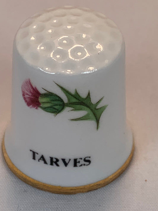 Thimble Souvenir, Gift, Tarves Scotland , Porcelain, Sewing, Gold Trim, Bone China