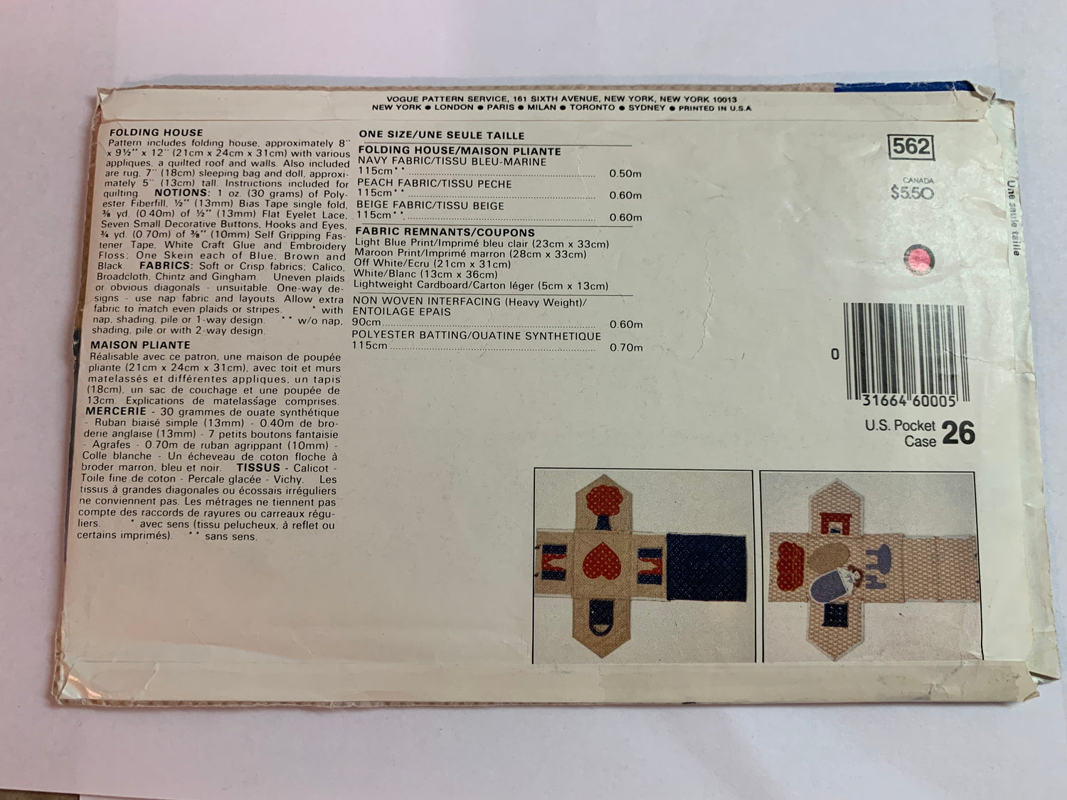 Vogue Sewing Pattern 562 Crafts, Folding Doll House, Uncut, Vintage 1986