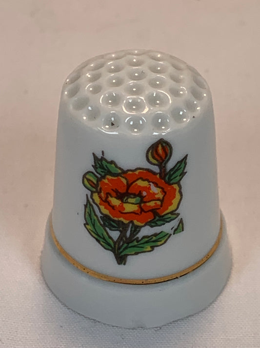 Thimble Souvenir, Gift, Orange Flowers, Porcelain, Sewing, Gold Trim