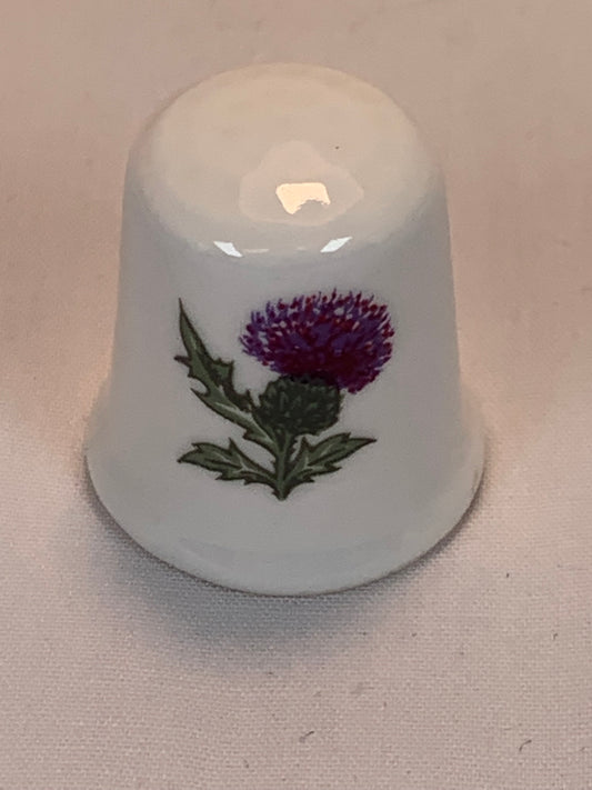 Thimble Souvenir, Gift, Purple Thistle Plant, Porcelain, Sewing, Gold Trim, Bone China