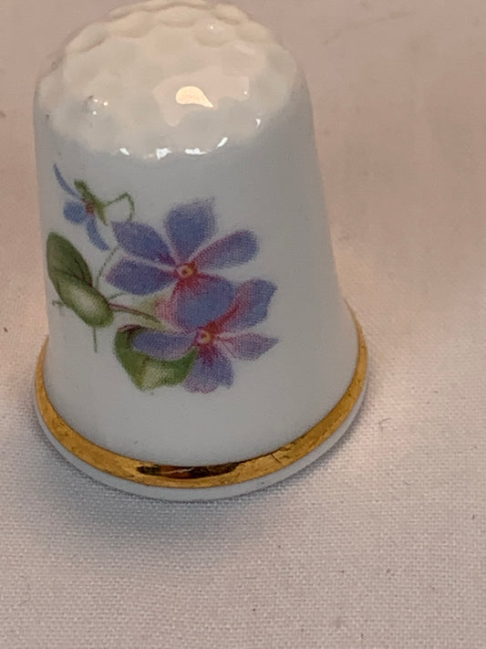 Thimble Souvenir, Gift, Blue Flowers, Porcelain, Sewing, Gold Trim