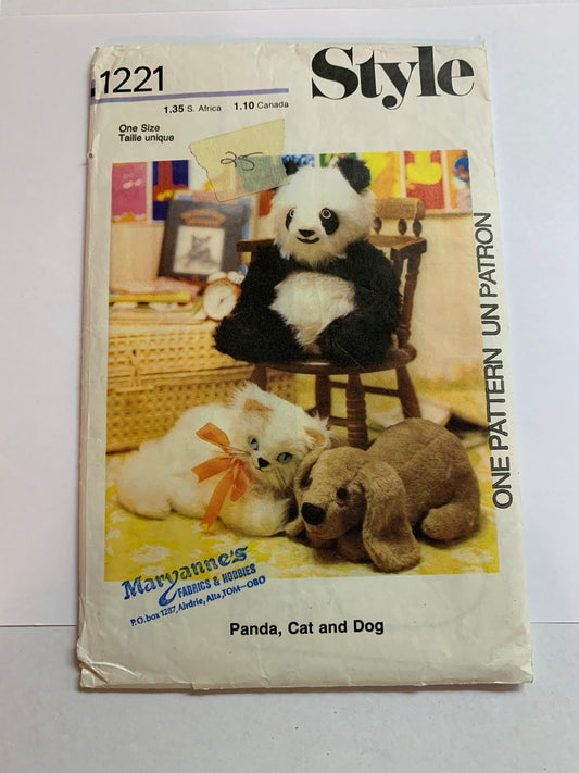 Style Sewing Pattern 1221 Panda, Cat, Dog, Stuffed Animal, Toys, Uncut, Vintage 1975
