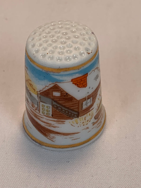 Thimble Souvenir, Gift, Country Scene, Farm House, Porcelain, Sewing, Gold Trim