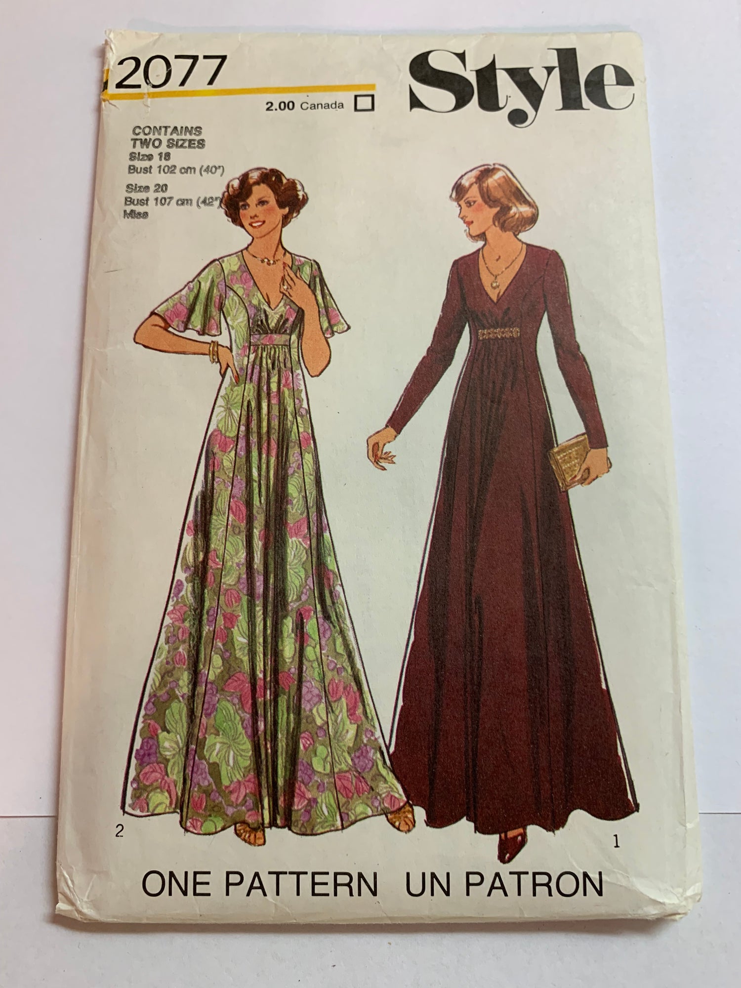 Style Sewing Pattern 2077 Misses' Dress, Long/Short Sleeves, Floor Length, Princess Seams, Flared Skirt, Zipper Back, Size 18-20, Uncut, Vintage 1977