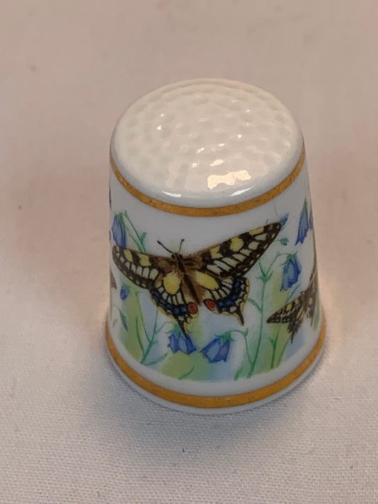 Thimble Souvenir, Gift, Yellow, Black Butterfly, Blue Flowers, Porcelain, Sewing, Gold Trim