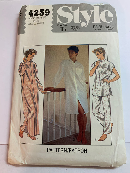 Style Sewing Pattern 4239 Misses' Nightgown, Nightshirt, Pajamas, Top, Pants, Two Lengths, Button Front, Long Sleeves, Size 16-18, Uncut, Vintage 1984