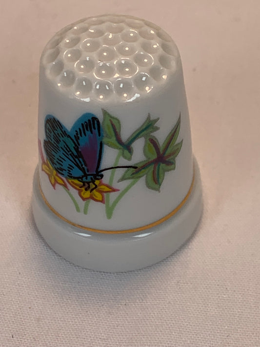Thimble Souvenir, Gift, Blue Pink Butterfly, Yellow Flowers, Porcelain, Sewing, Gold Trim