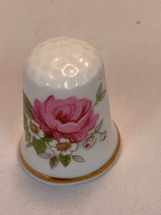 Thimble Souvenir, Gift, Pink Rose Flower , Porcelain, Sewing, Gold Trim, Bone China