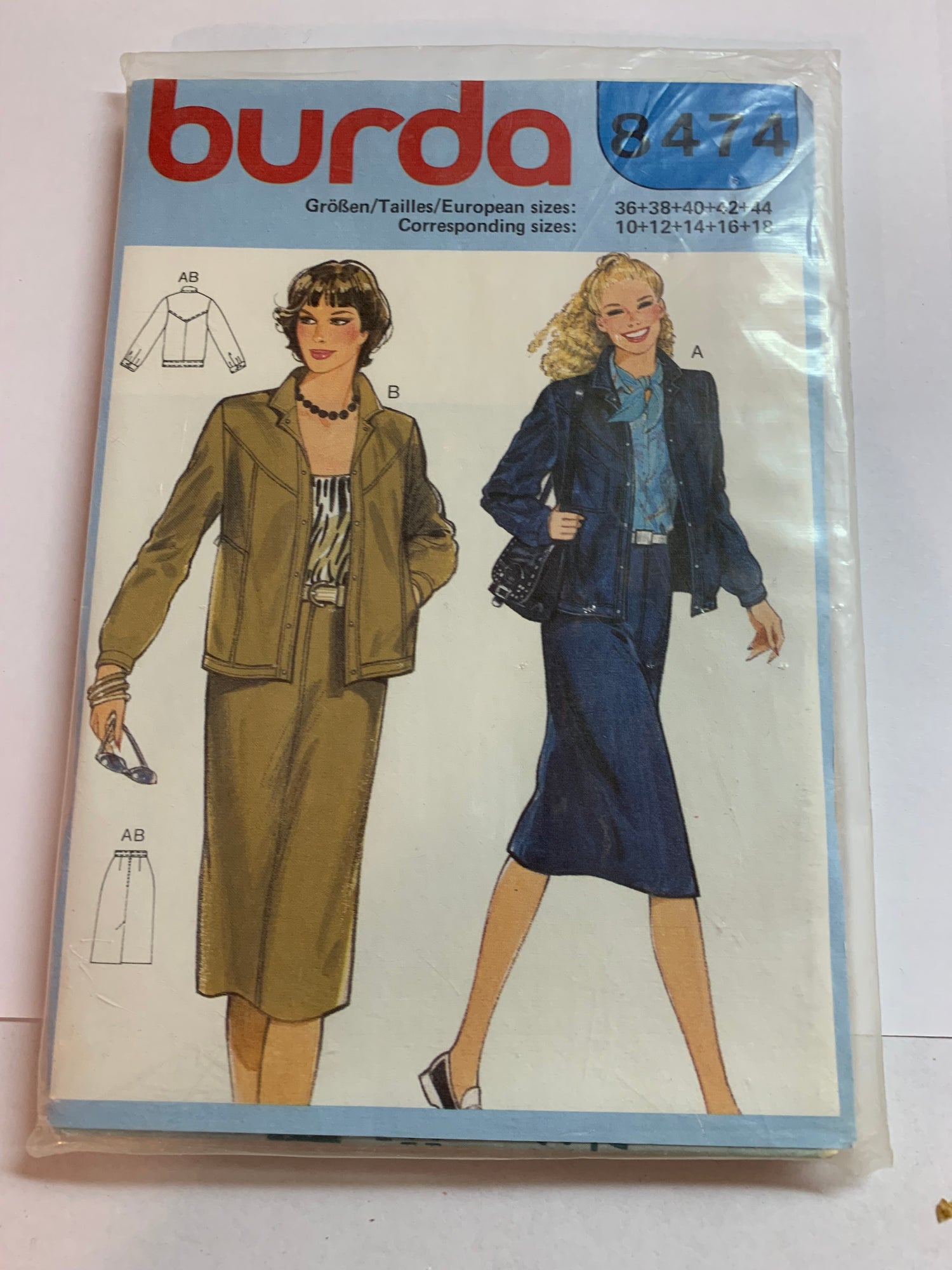 Burda Sewing Pattern 8474 Misses' Skirt, Jacket, Long Sleeves, Loose-Fitting, Zipper Back, Snap Front, Size 10-18, Uncut, 2000