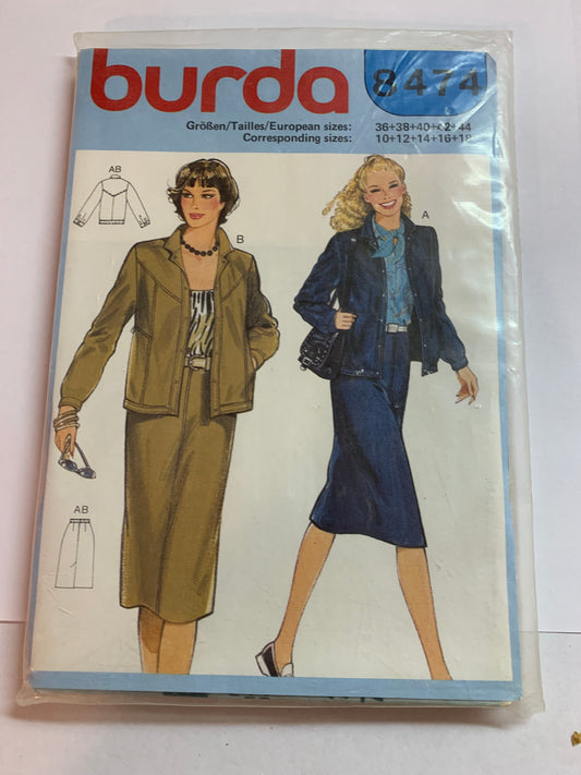 Burda Sewing Pattern 8474 Misses' Skirt, Jacket, Long Sleeves, Loose-Fitting, Zipper Back, Snap Front, Size 10-18, Uncut, 2000