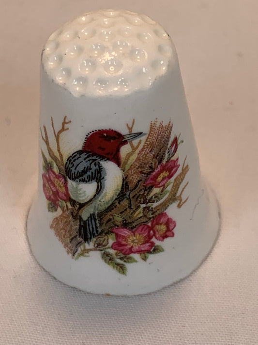 Thimble Souvenir, Gift, Red Headed Woodpecker, Porcelain, Sewing, Gold Trim