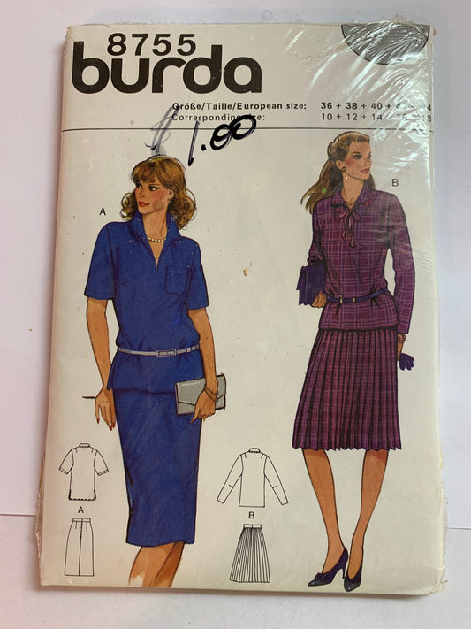 Burda Sewing Pattern 8755 Misses' Blouse, Top, Skirt, Pullover, Collar, 2 Variations, Semi-Fitted, Long/Short Sleeves, Size 10-18, Uncut, 2000