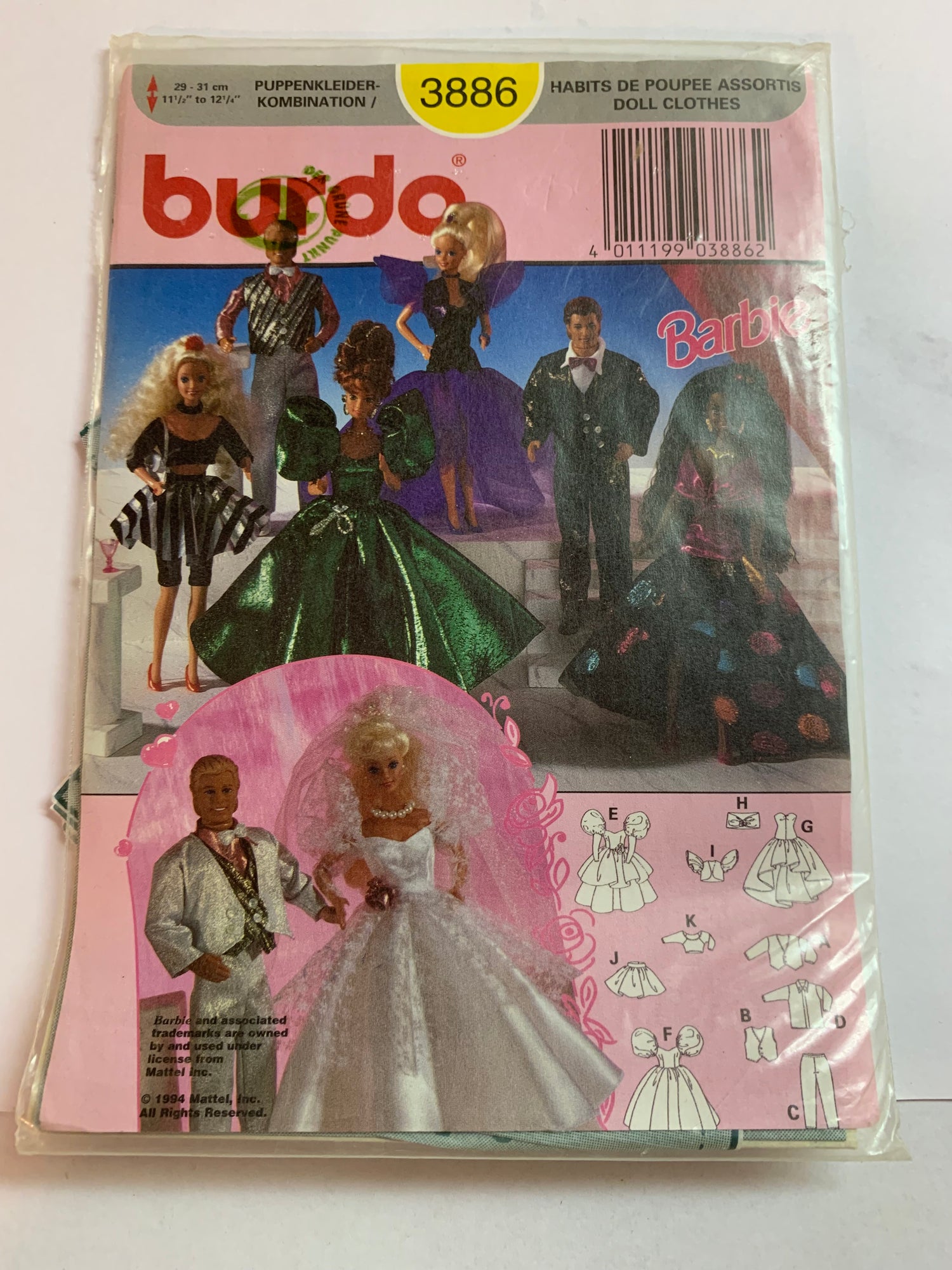 Burda Sewing Pattern 3886 Doll Clothes, Dress, Pants, Halter Top, Formal, Bride, Groom, 11 1/2 Inch Doll, Vintage 1994