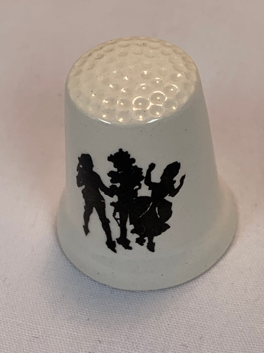 Thimble Souvenir, Gift, Black 3 People Silhouettes, Porcelain, Sewing, Gold Trim