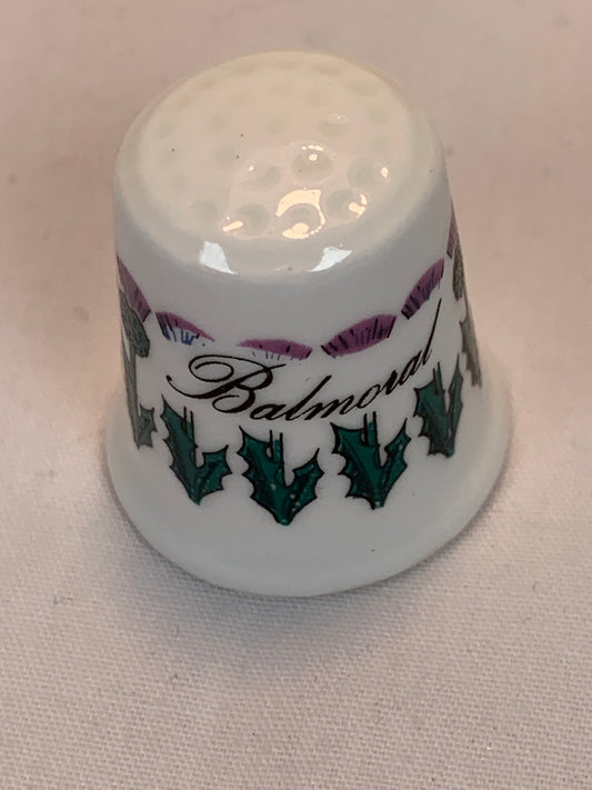 Thimble Souvenir, Gift, Balmoral, Purple Thistle Flower, Porcelain, Sewing, Gold Trim