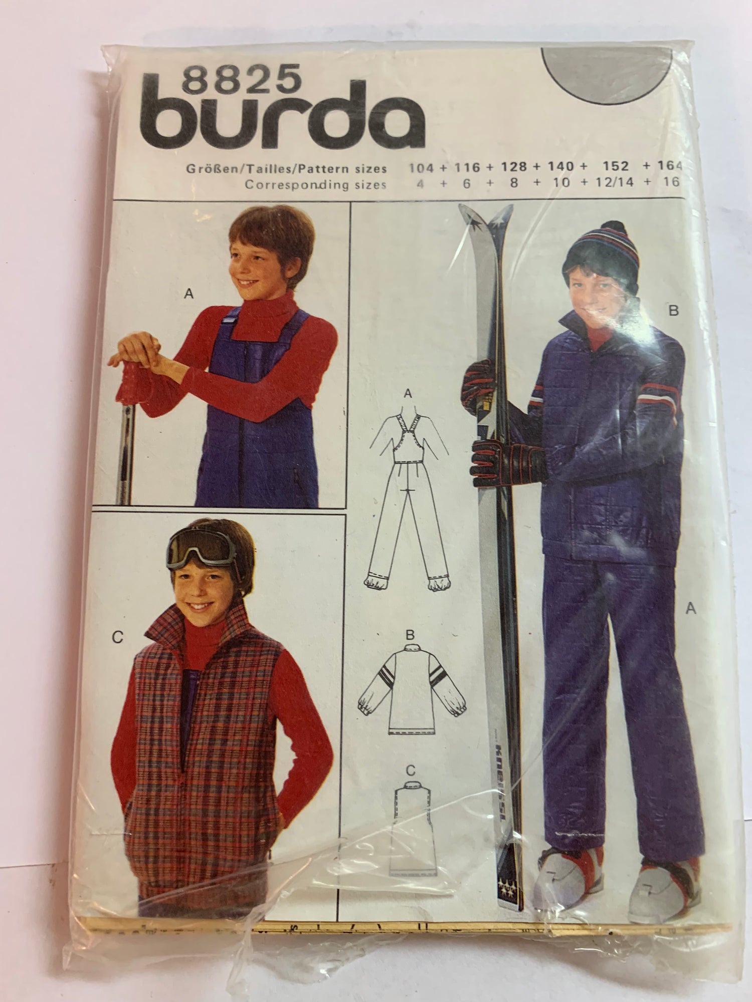 Burda Sewing Pattern 8825 Boys' Ski Pants, Vest, Coat, Outerwear, Size 4-16, Uncut, 2000
