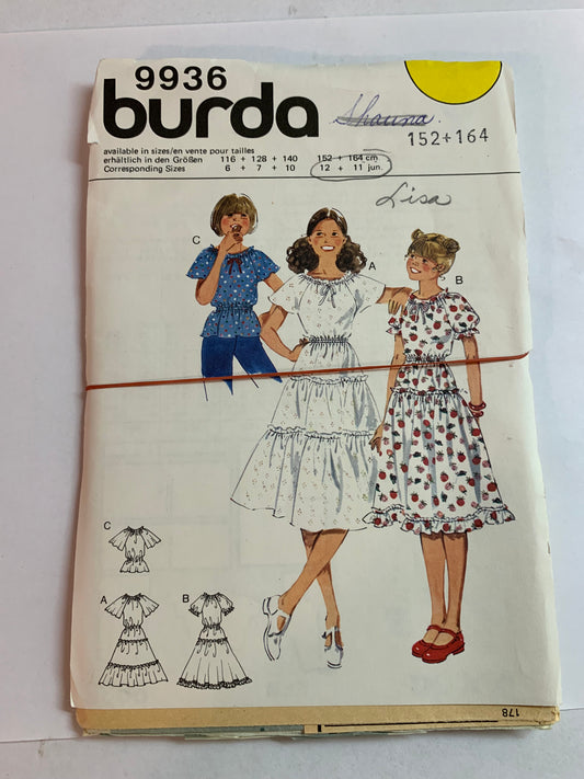 Burda Sewing Pattern 9936 Girls' Dress, Short Sleeves, Elastic Waist, 3 Variations, Round Neckline, Pullover, Ruffles, Size 11-12, Cut, 2000