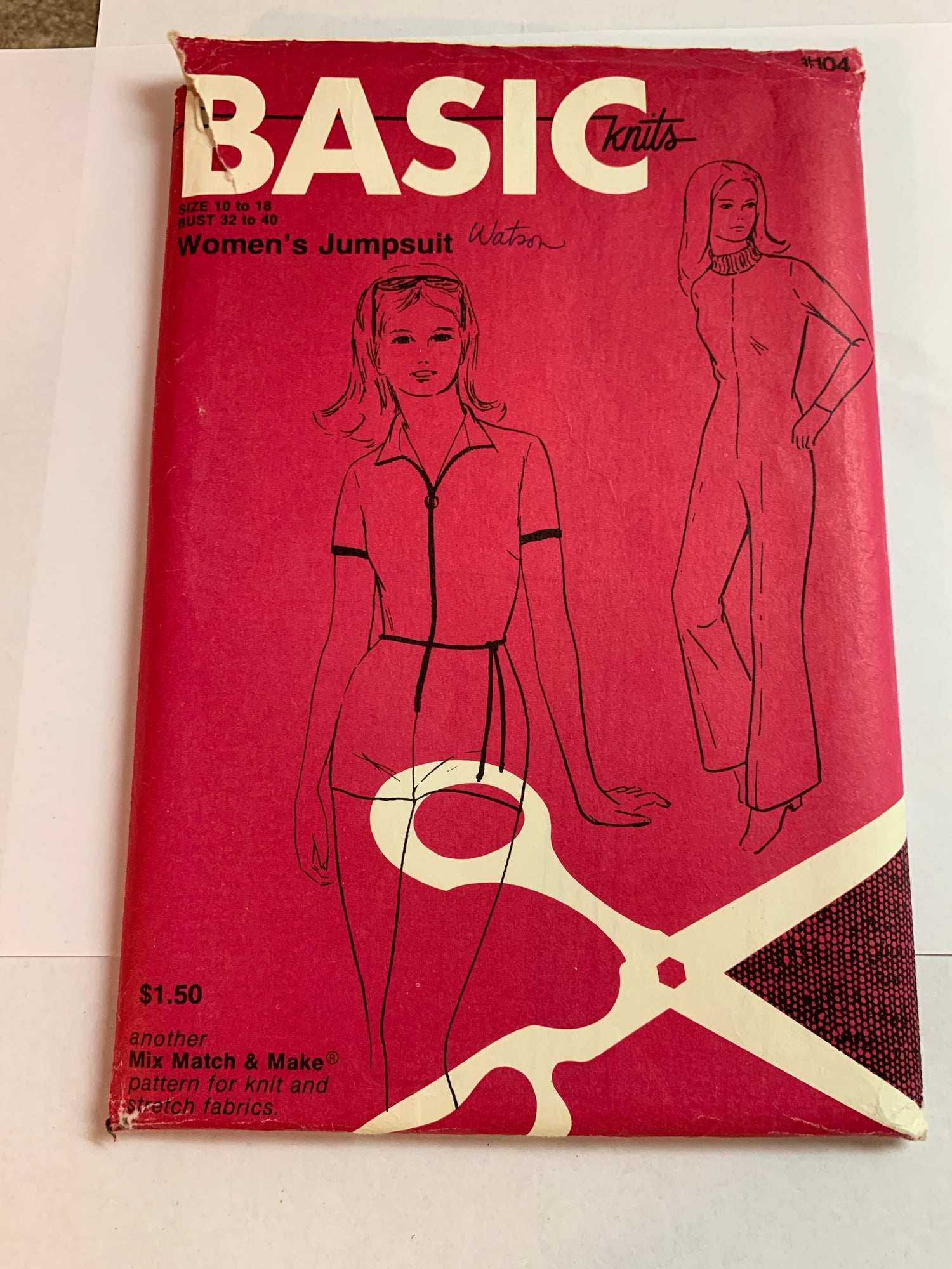 Basic Knits Sewing Pattern 104 Women's Jumpsuit, Zipper Front, Long/Short Sleeves, 2 Variations, Size 10-18, Uncut, Vintage 1970
