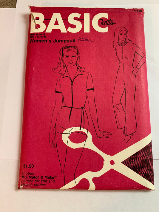 Basic Knits Sewing Pattern 104 Women's Jumpsuit, Zipper Front, Long/Short Sleeves, 2 Variations, Size 10-18, Uncut, Vintage 1970