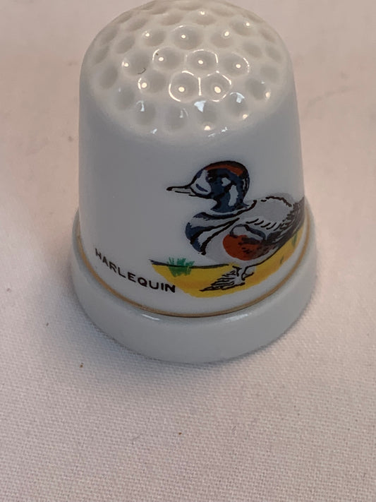 Thimble Souvenir, Gift, Harlequin Duck, Porcelain, Sewing, Gold Trim