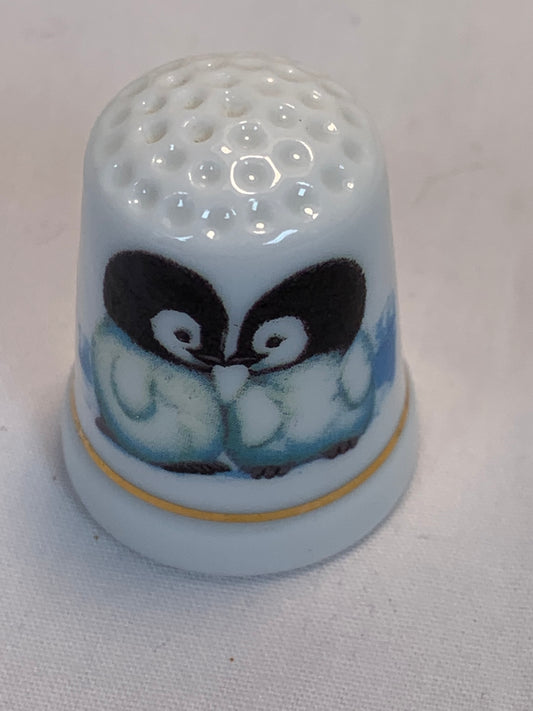 Thimble Souvenir, Gift, Baby Penguins, Porcelain, Sewing, Gold Trim