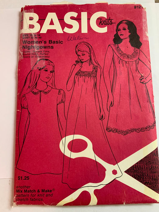 Basic Knits Sewing Pattern 121 Women's Basic Nightgowns 3 Variations, Round Collar, Puffed Short Sleeves, Sleeveless, 3 lengths, Size 10-18, Uncut, Vintage 1971