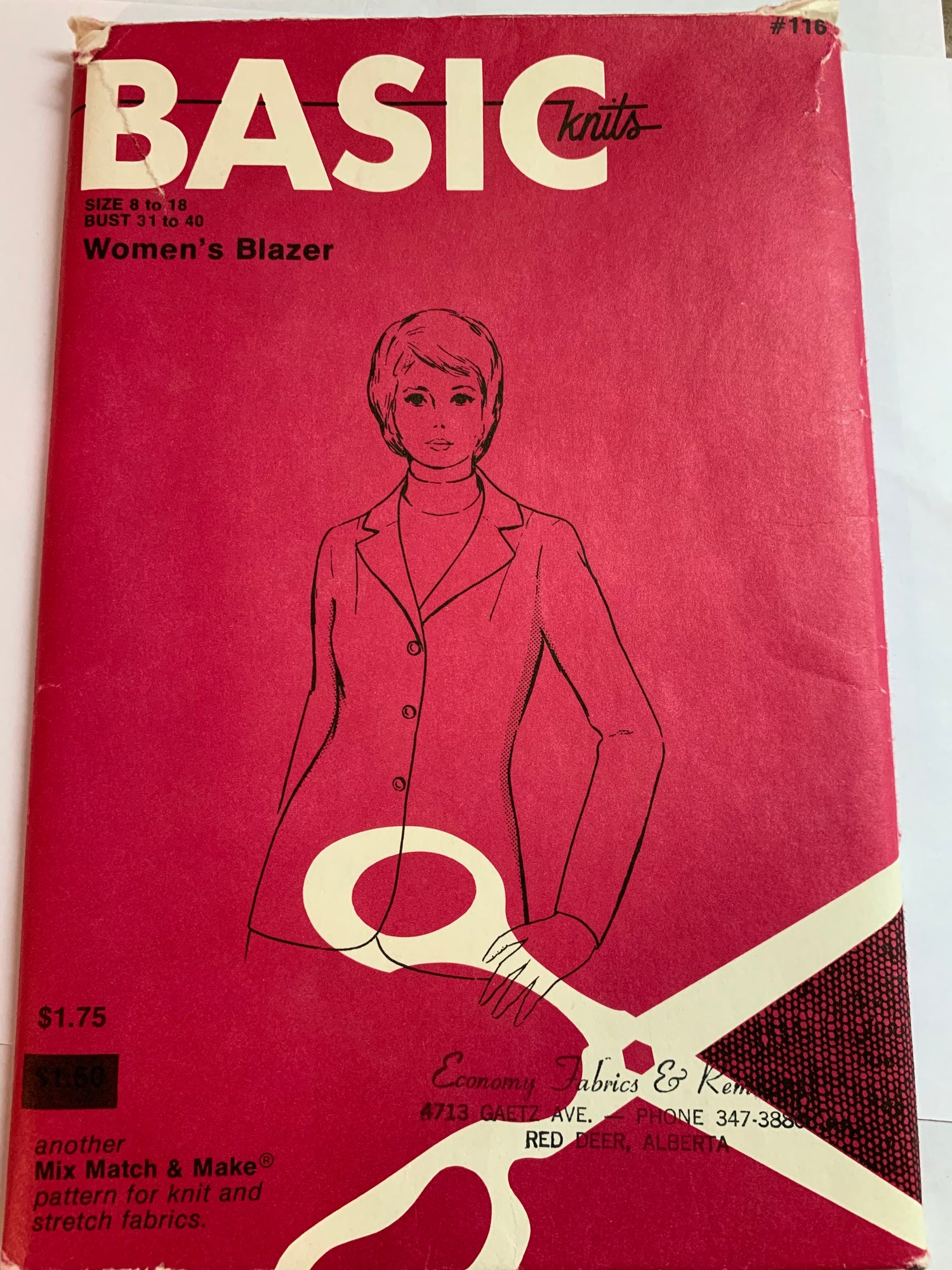 Basic Knits Sewing Pattern 116 Women's Misses' Blazer, Jacket, Coat, Button Front, Fitted, Size 8-18, Uncut, Vintage 1972
