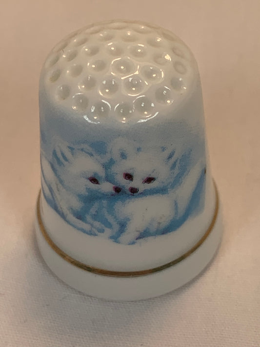 Thimble Souvenir, Gift, White Baby Fox, Porcelain, Sewing, Gold Trim