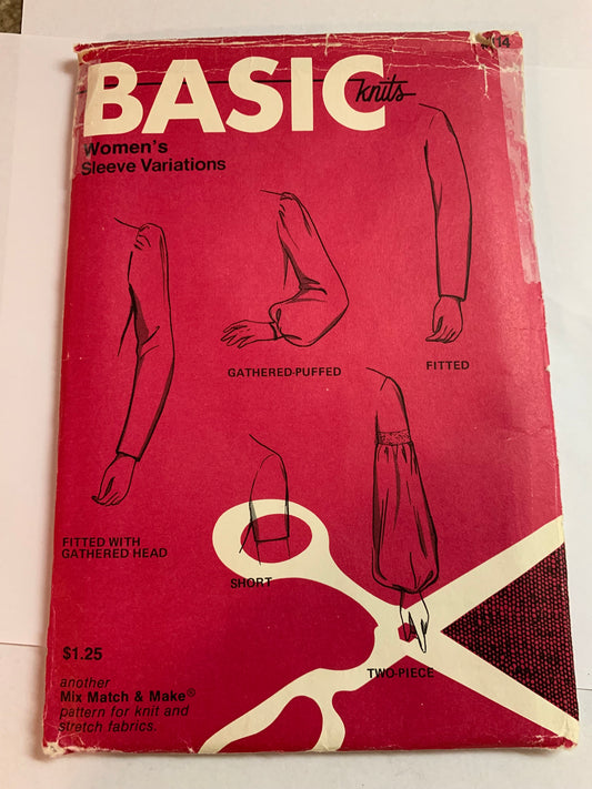 Basic Knits Sewing Pattern 114 Women's Sleeves, 5 Variations, Two-Piece, Short, Flared, Fitted, Gathered-Puffed,Uncut, Vintage 1970