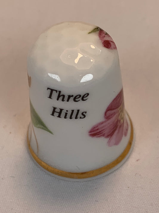Thimble Souvenir, Gift, Three Hills, Alberta, Wild Rose, Porcelain, Sewing, Gold Trim