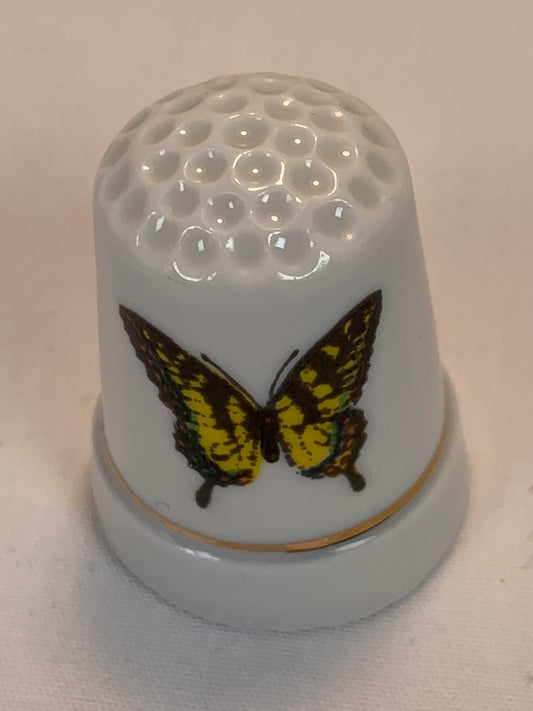 Thimble Souvenir, Gift, Yellow Butterfly, Porcelain, Sewing, Gold Trim