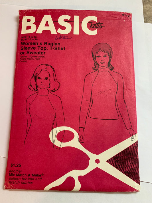 Basic Knits Sewing Pattern 112 Women's Long Raglan Sleeve Top, T-Shirt, Sweater, Pullover, Turle Neck, Size 10-18, Uncut, Vintage 1971