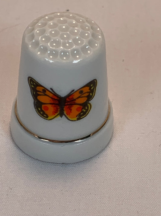 Thimble Souvenir, Gift, Orange, Yellow Butterfly, Porcelain, Sewing, Gold Trim