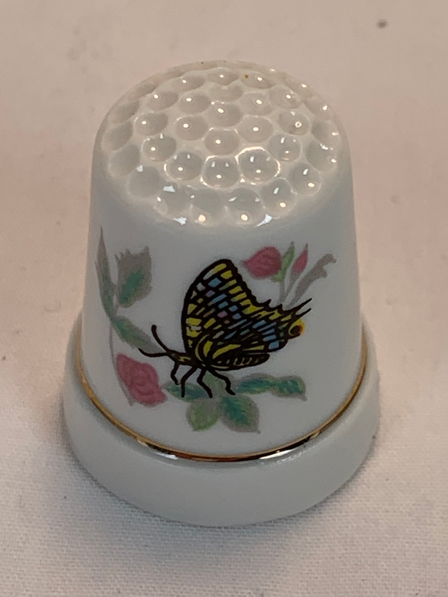 Thimble Souvenir, Gift, Blue Yellow Butterfly, Pink Flowers, Porcelain, Sewing, Gold Trim