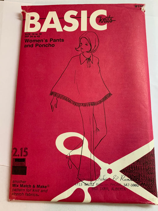 Basic Knits Sewing Pattern 103 Women's Pants, Poncho, Pullover, Fringe, Flared Leg, Size 10-18, Uncut, Vintage 1970