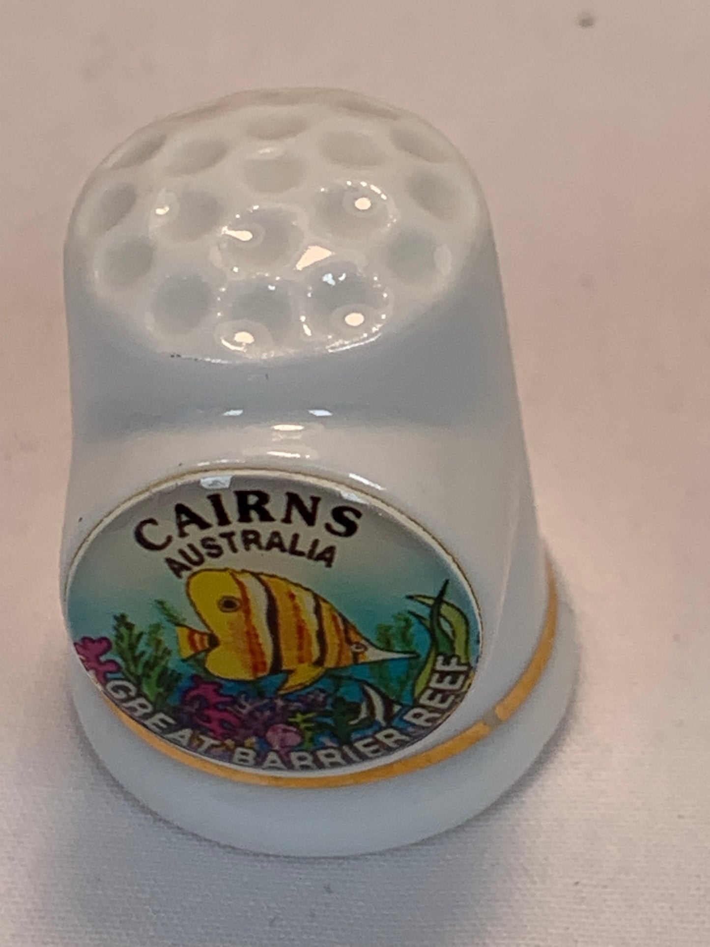 Thimble Souvenir, Gift, Cairns Australia, Great Barrier Reef, Porcelain, Sewing, Gold Trim