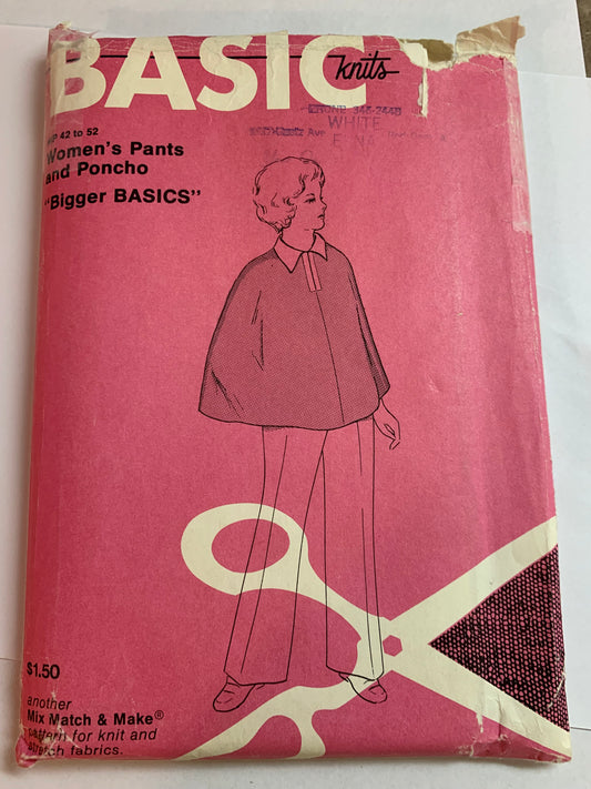 Basic Knits Sewing Pattern 803 Women's Pants, Poncho, Pullover, Flared Leg, Size 10-18, Uncut, Vintage 1972